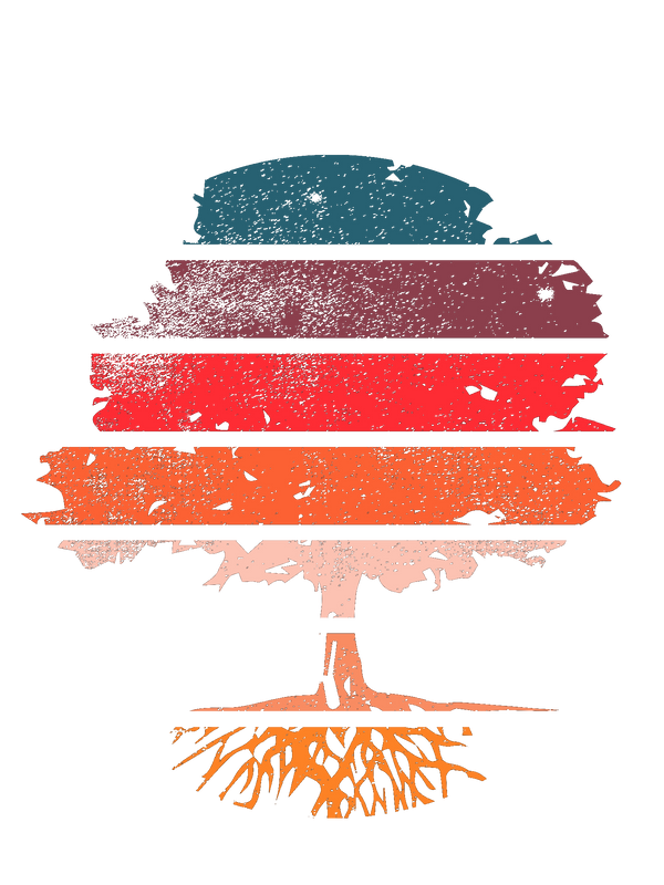 Eine stilisierte Baumillustration mit breiten, horizontalen Streifen in Blau, Violett, Rot, Orange und Gelb und sichtbaren Wurzeln darunter; die Farben haben ein strukturiertes, gestörtes Aussehen auf einem schwarzen Hintergrund.