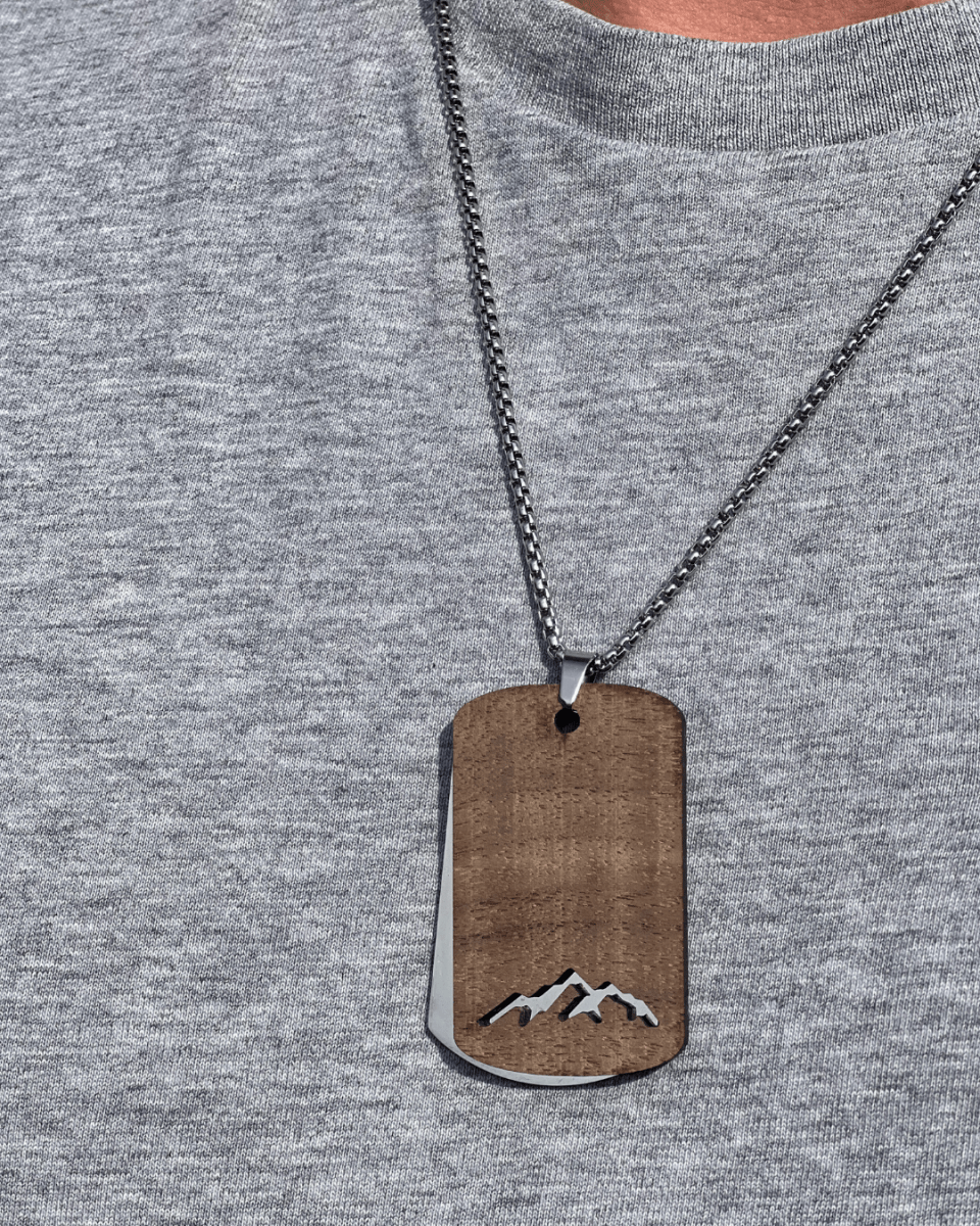 Dogtag - Kette Edelstahl & Holz – Berge - wood stud - Holzohrringe - Holzschmuck und mehr