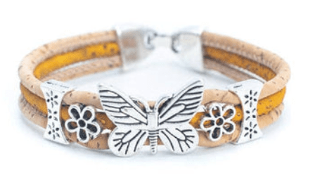 Kork Armband Schmetterlingsblüten: gelbe Ausführung von vorn.