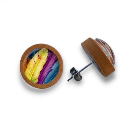 Bunte Federn - Holzohrstecker mit Motiv - wood stud - Holzohrringe - Holzdeko und mehr