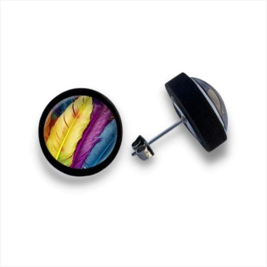 Bunte Federn - Holzohrstecker mit Motiv - wood stud - Holzohrringe - Holzdeko und mehr