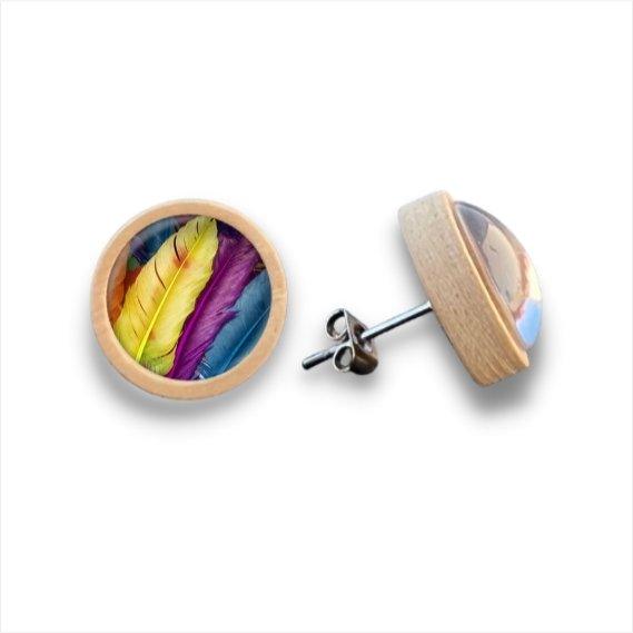 Bunte Federn - Holzohrstecker mit Motiv - wood stud - Holzohrringe - Holzdeko und mehr