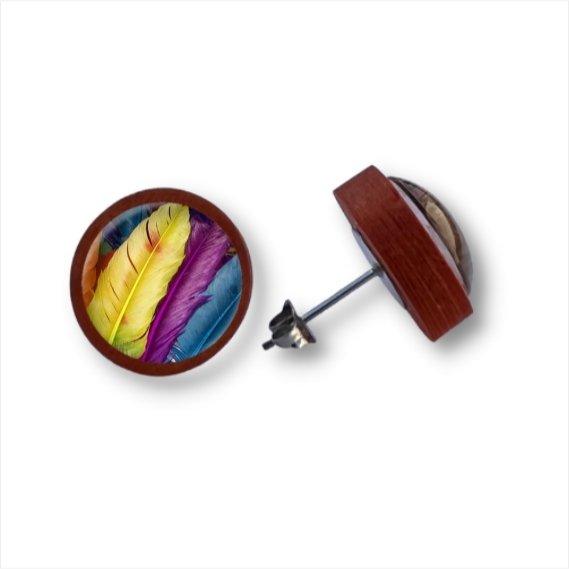 Bunte Federn - Holzohrstecker mit Motiv - wood stud - Holzohrringe - Holzdeko und mehr