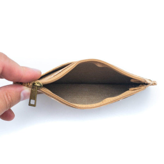 Eine Hand hält eine kleine, leere Korkgeldbörse aus Stoff und Korkleder auf und enthüllt ihr Inneres vor einem weißen Hintergrund.