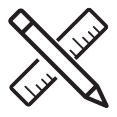 Ein schwarzes Umriss-Symbol eines Bleistifts und eines Lineals, die in einer X-Form gekreuzt sind, mit Messmarkierungen und einer angespitzten Bleistiftspitze, mit Holzbolzen. Ideal für App-Einstellungen oder Product Personalizer-Funktionen.