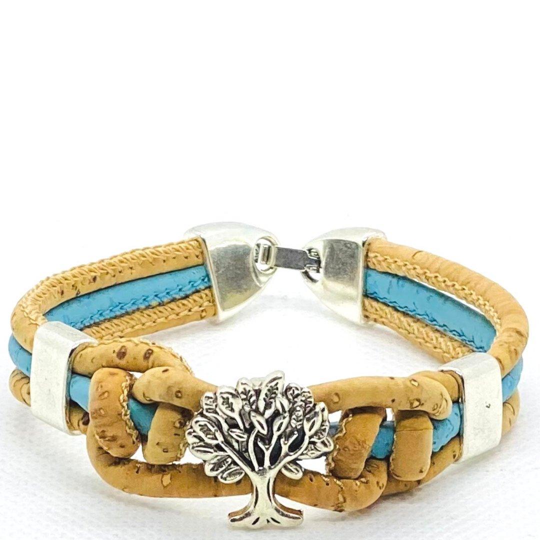 Kork Armband Baum, geflochten: türkisfarbene Ausführung.