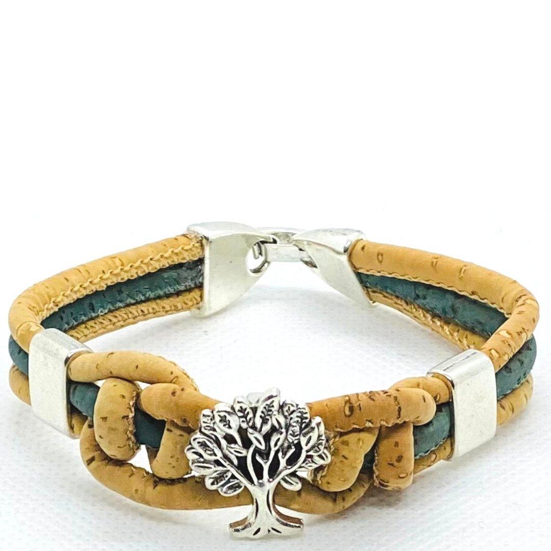 Kork Armband Baum, geflochten: türkisfarbene Ausführung von der Seite.