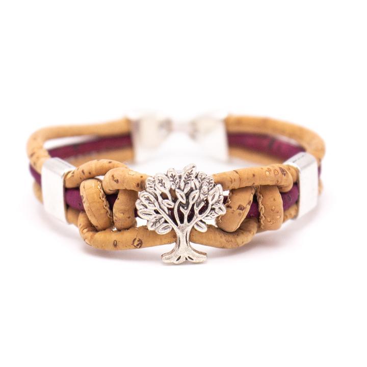 Kork Armband Baum, geflochten: violette Ausführung.