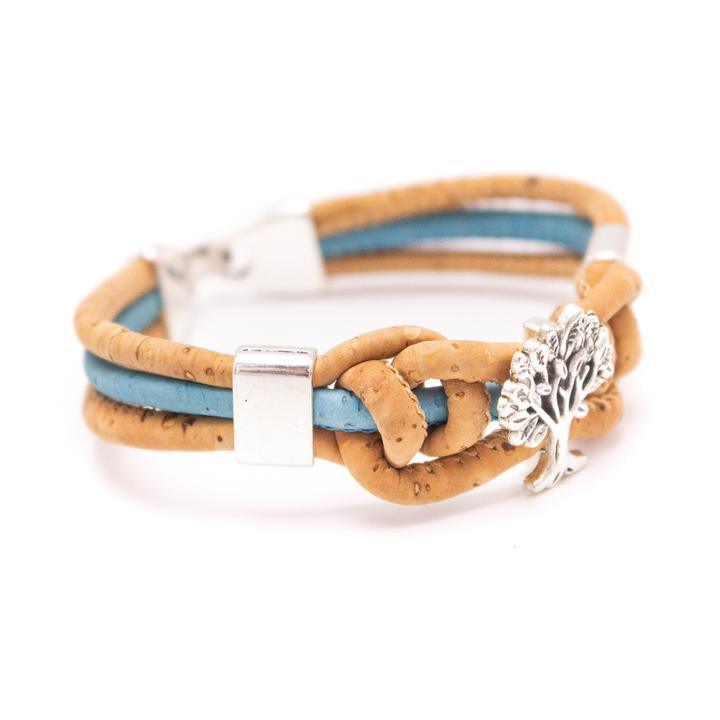 Kork Armband Baum, geflochten: blaue Ausführung von der Seite.