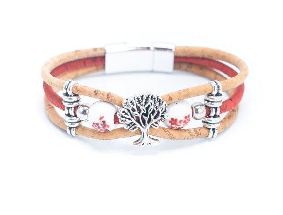 Kork Armband Baum & Perle: rotes Muster.