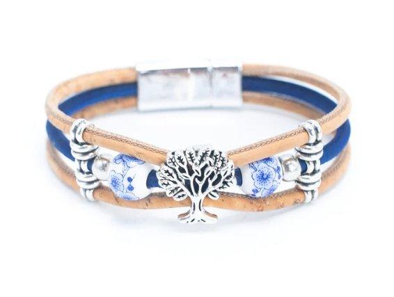 Kork Armband Baum & Perle: blau-weißes Muster.