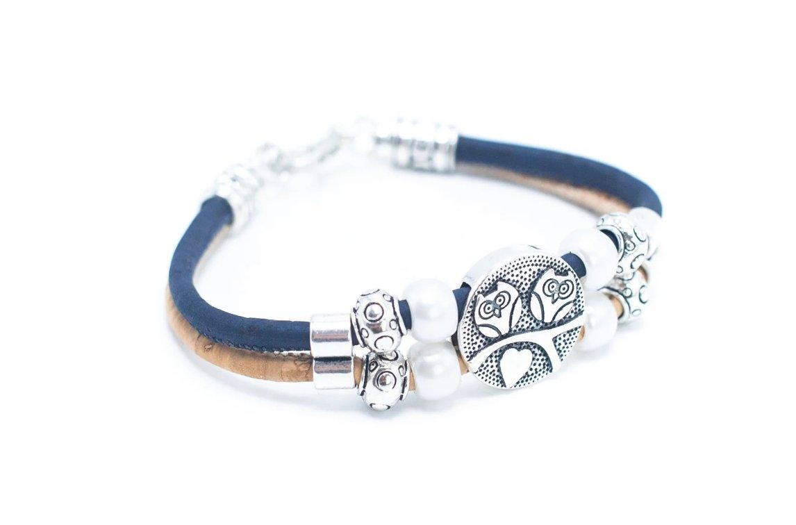 Kork Armband Eulenpaar: blaue Ausführung von der Seite.