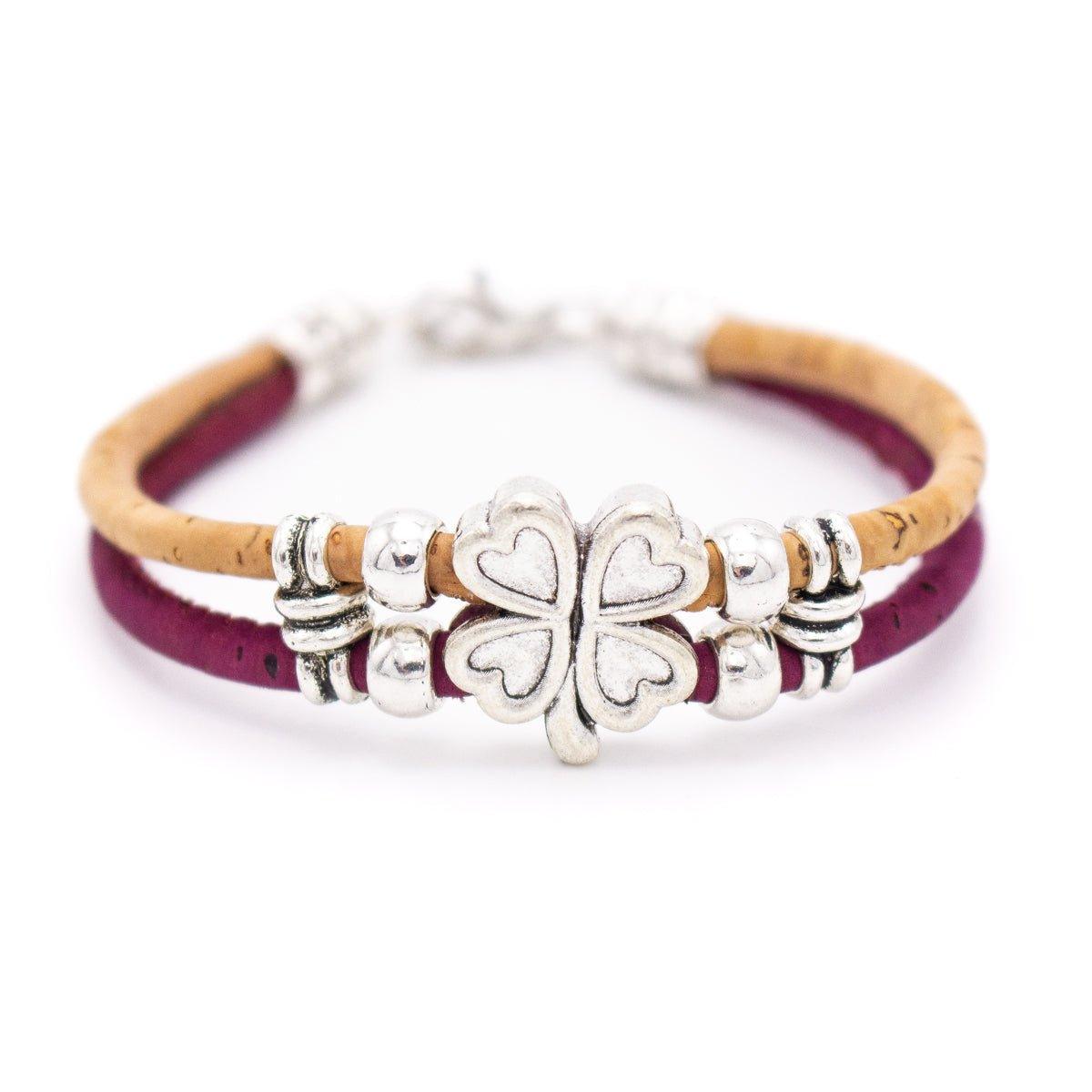 Kork Armband Kleeblatt: violette Ausführung.