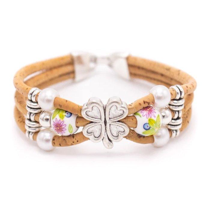 Kork Armband Kleeblatt & Perle: gelb gemusterte Perlen.