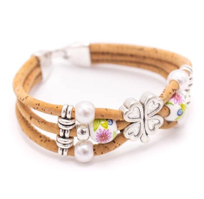 Kork Armband Kleeblatt & Perle - wood stud - Holzohrringe - Holzdeko und mehr