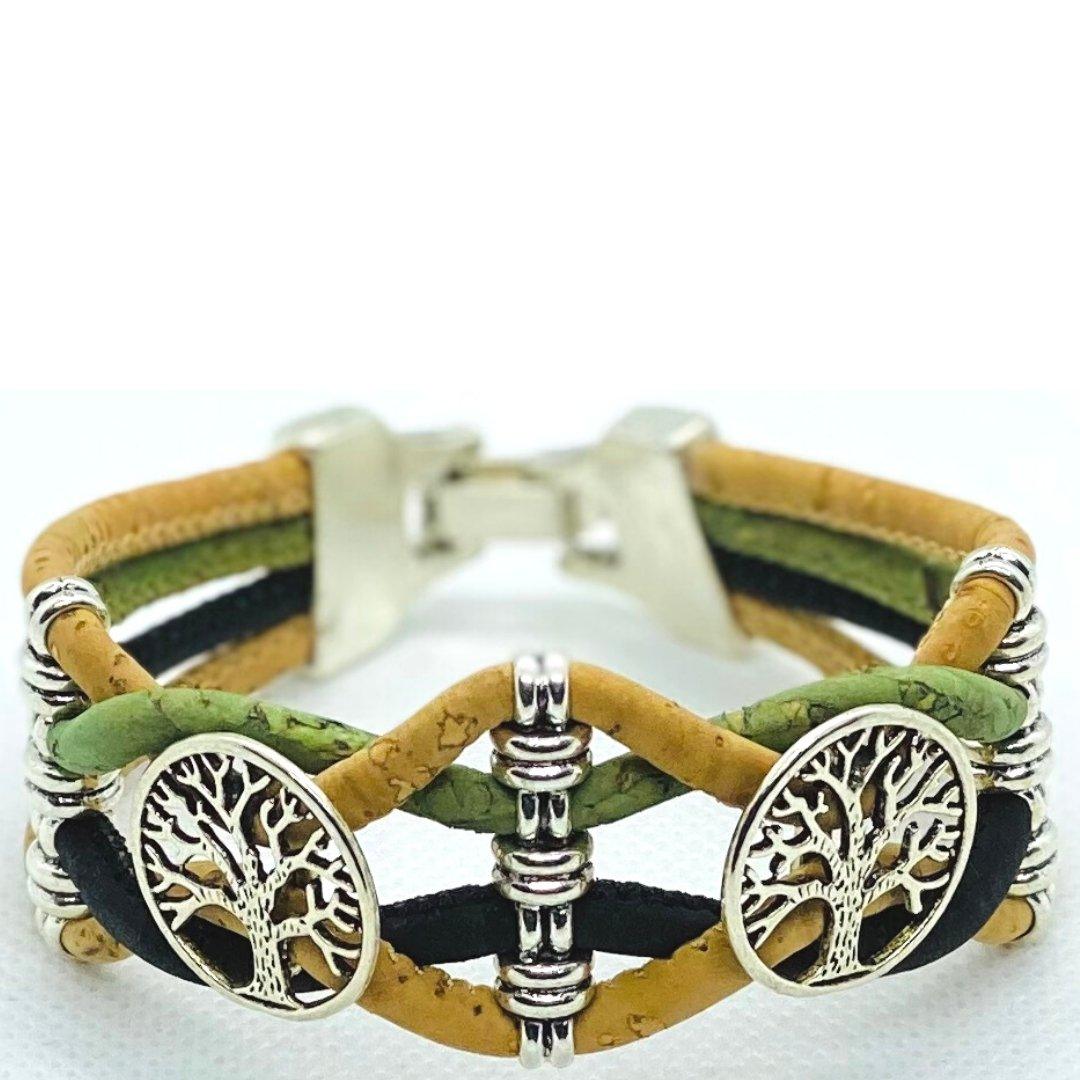 Kork Armband Zwei Lebensbäume – Ansicht in olivgrüner Ausführung