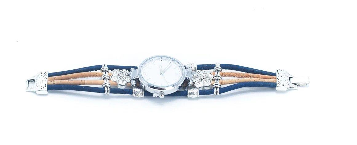 Kork Armbanduhr - Variation Blau - wood stud - Holzohrringe - Holzdeko und mehr