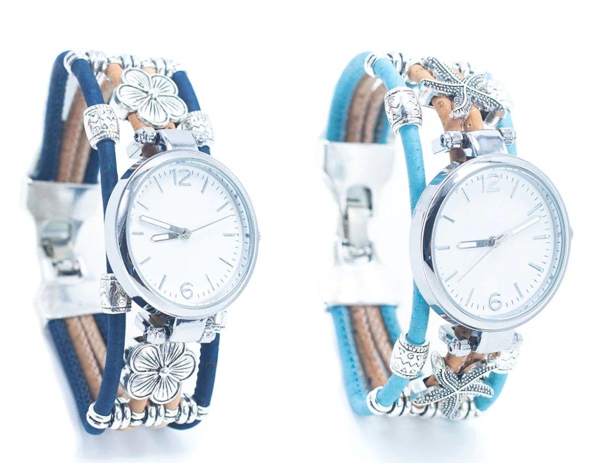 Kork Armbanduhr - Variation Blau - wood stud - Holzohrringe - Holzdeko und mehr