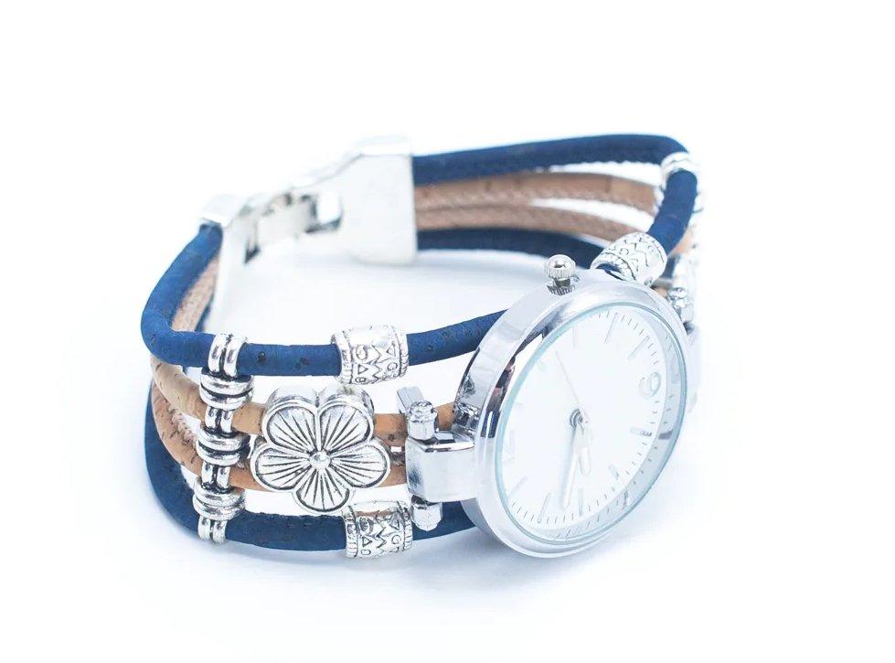 Kork Armbanduhr - Variation Blau - wood stud - Holzohrringe - Holzdeko und mehr