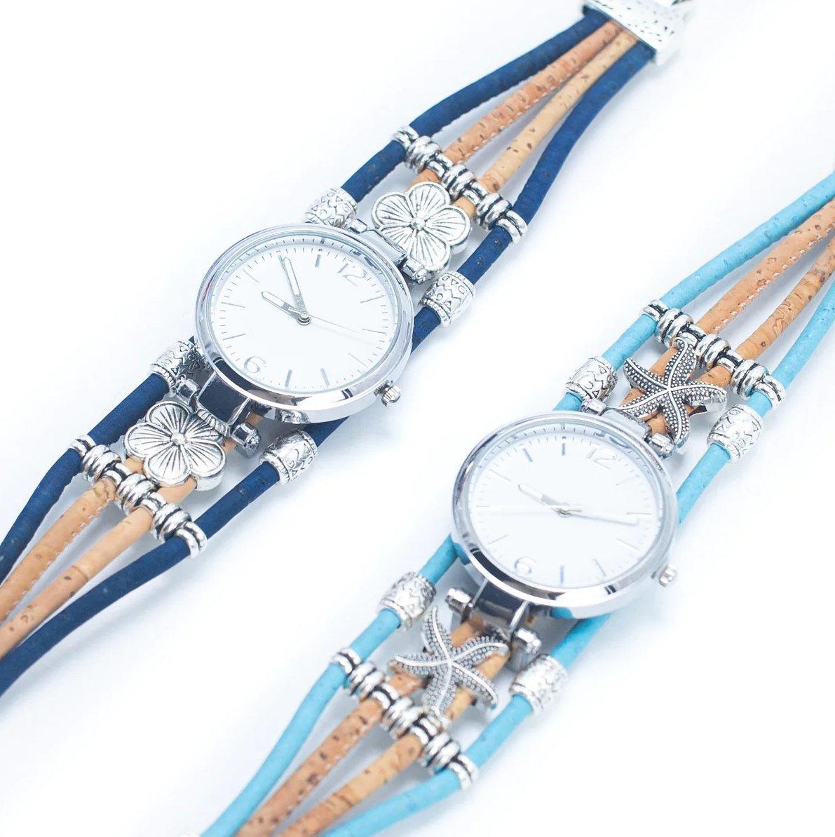 Kork Armbanduhr - Variation Blau - wood stud - Holzohrringe - Holzdeko und mehr