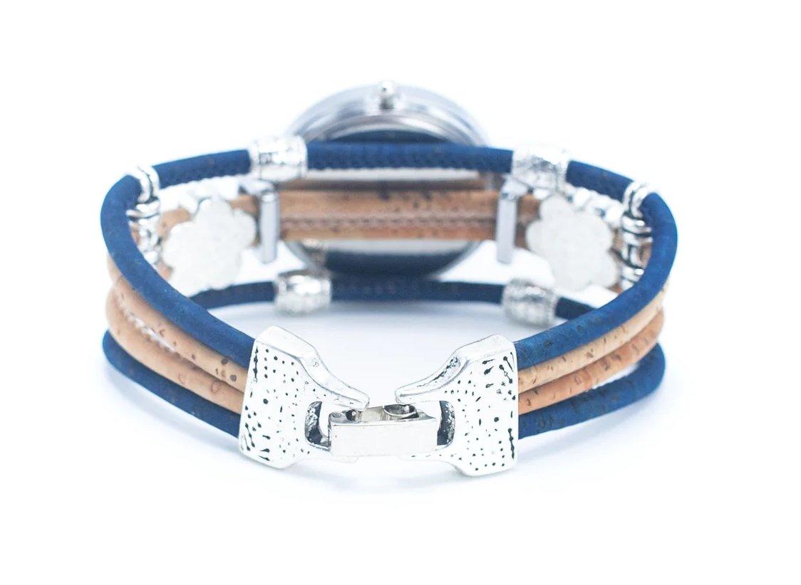 Kork Armbanduhr - Variation Blau - wood stud - Holzohrringe - Holzdeko und mehr
