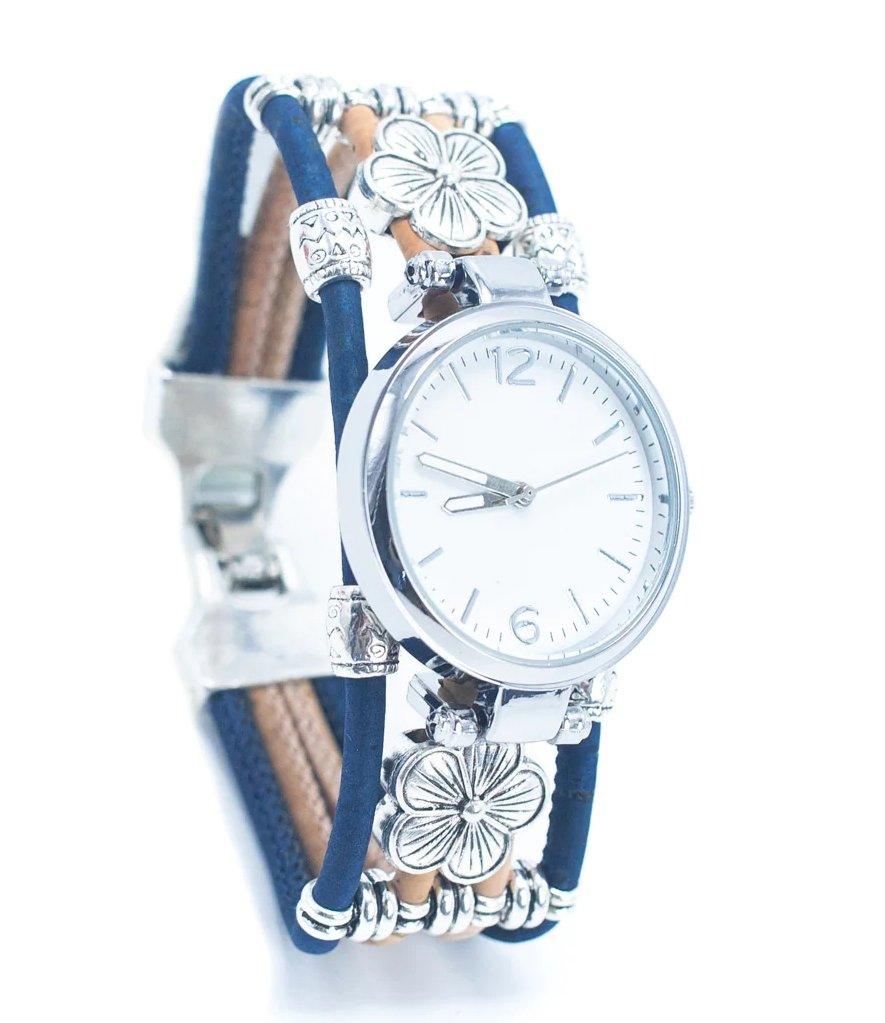 Kork Armbanduhr - Variation Blau - wood stud - Holzohrringe - Holzdeko und mehr
