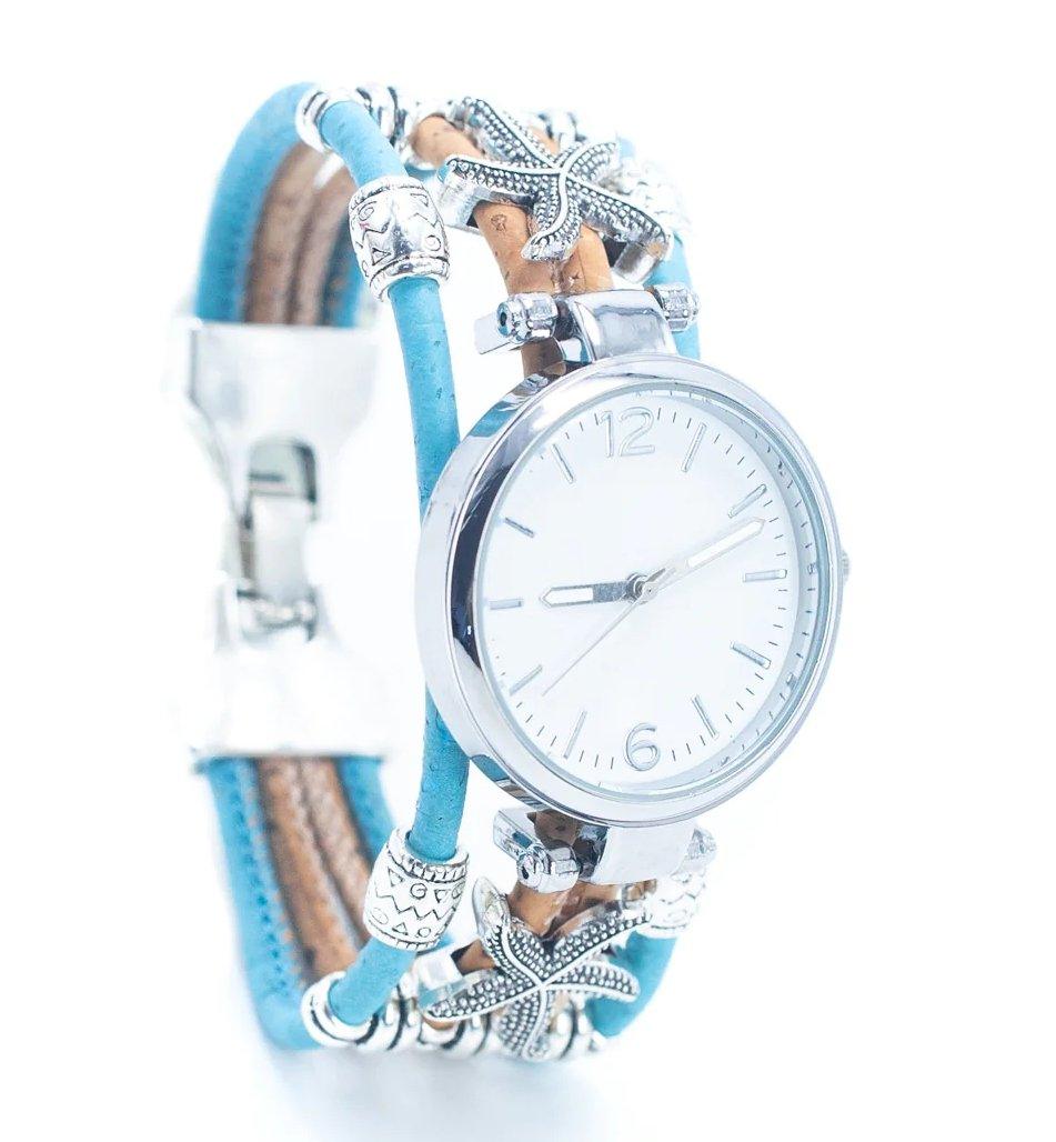Kork Armbanduhr - Variation Blau - wood stud - Holzohrringe - Holzdeko und mehr