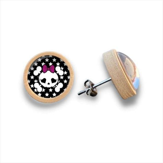Süßer Totenkopf - mit Schleife - Holzohrstecker mit Motiv - wood stud - Holzohrringe - Holzdeko und mehr