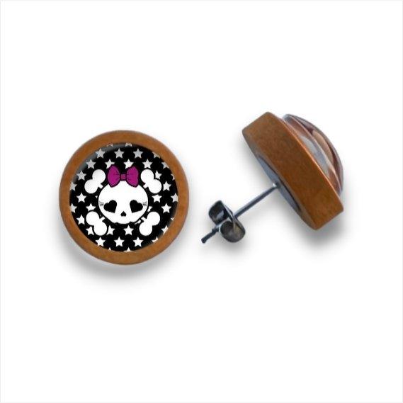 Süßer Totenkopf - mit Schleife - Holzohrstecker mit Motiv - wood stud - Holzohrringe - Holzdeko und mehr