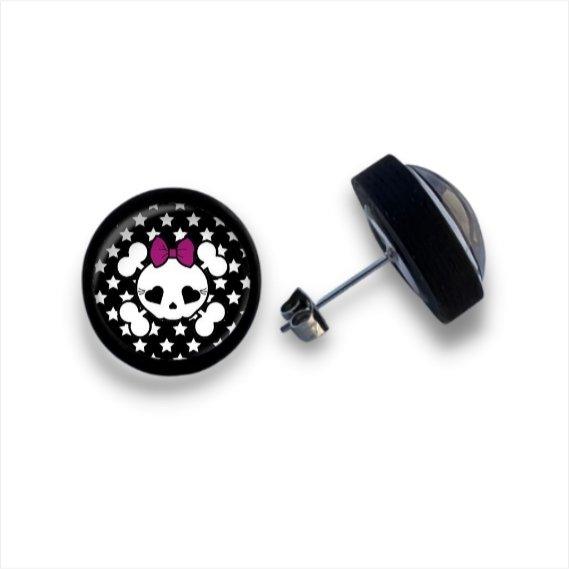Süßer Totenkopf - mit Schleife - Holzohrstecker mit Motiv - wood stud - Holzohrringe - Holzdeko und mehr