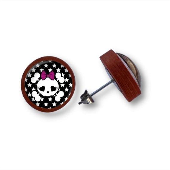 Süßer Totenkopf - mit Schleife - Holzohrstecker mit Motiv - wood stud - Holzohrringe - Holzdeko und mehr