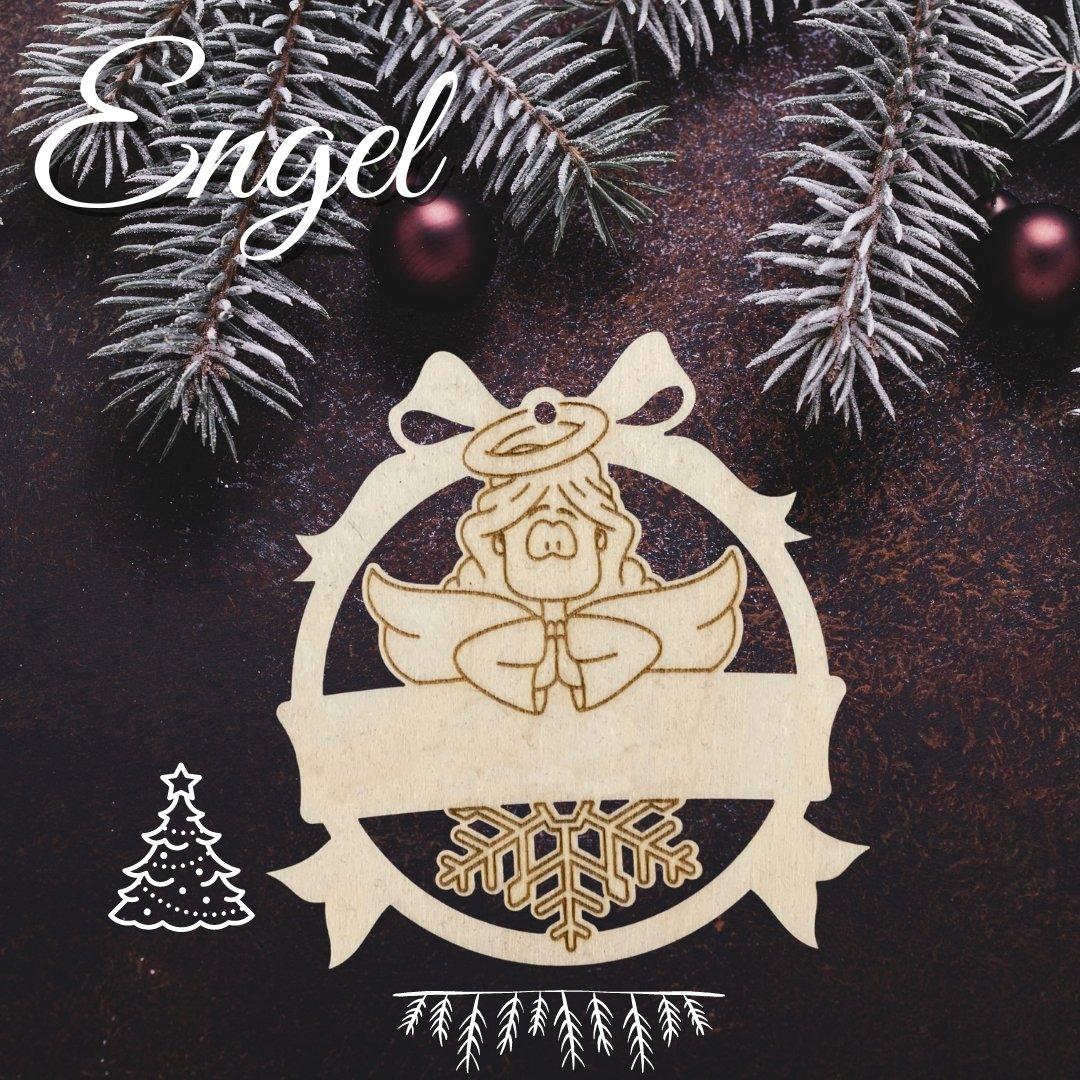 Personalisierbarer Weihnachtsanhänger aus Holz: Engelmotiv mit Beispielname.