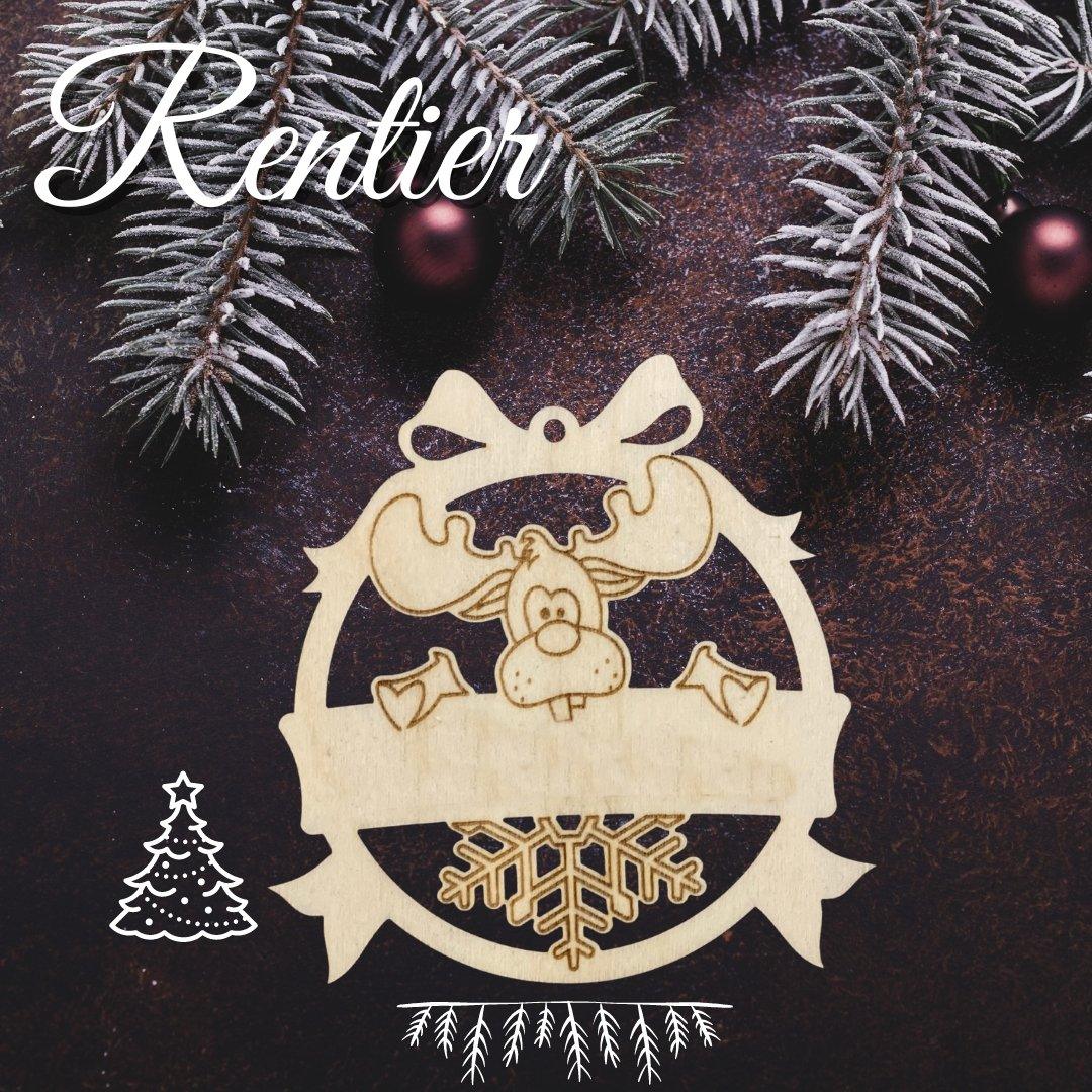 Personalisierbarer Weihnachtsanhänger aus Holz: Rentiermotiv mit Beispielname.