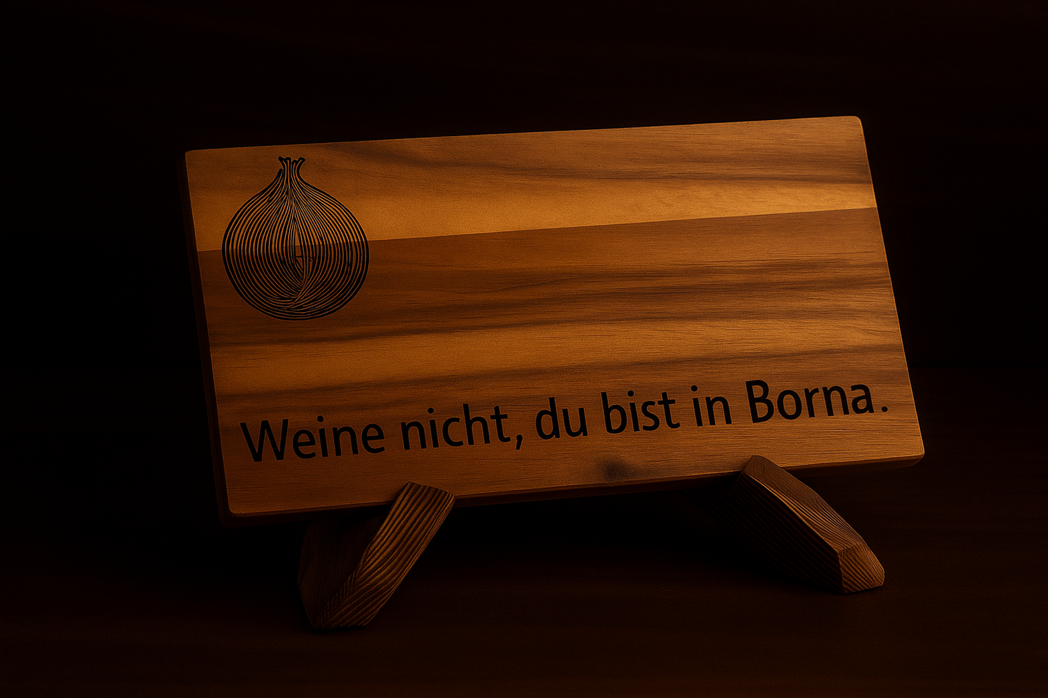 Das Holzbrett von Borna positioniert auf einem Holzständer.