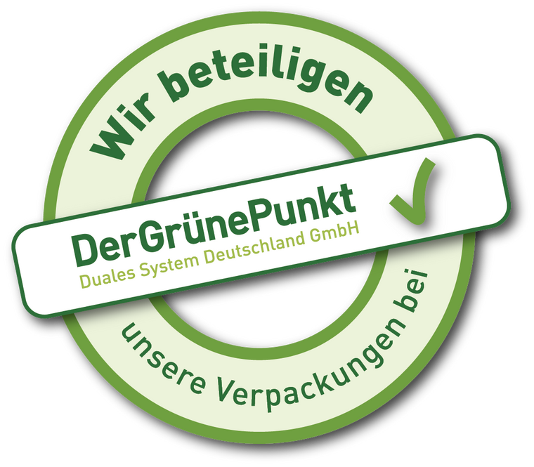Eine runde deutsche Zertifizierungsplakette mit dem Text Wir beteiligen unsere Verpackungen bei DerGrünePunkt Duales System Deutschland GmbH und einem grünen Häkchen.