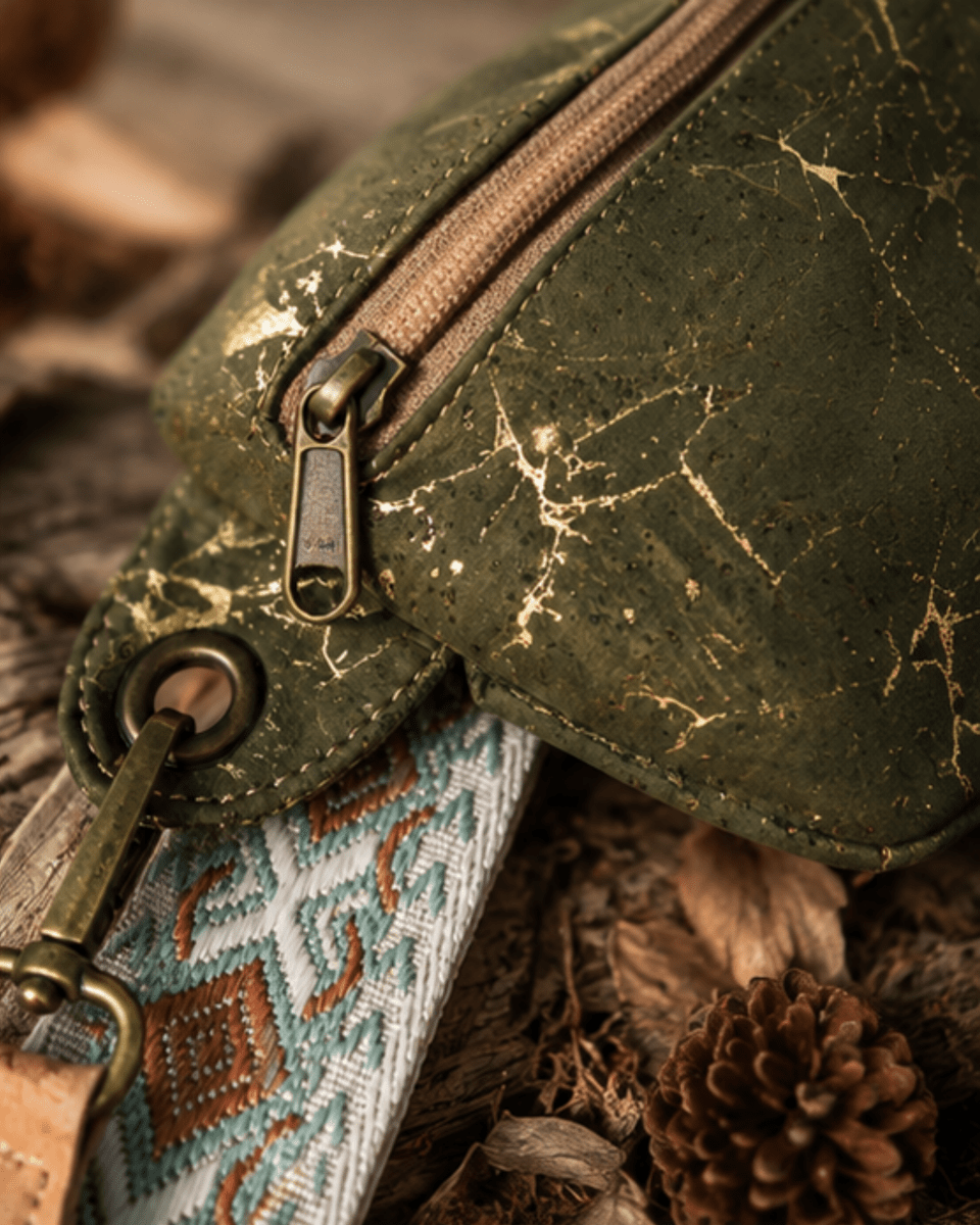 Gürteltasche aus Kork – Olive-Gold - wood stud - Holzohrringe - Holzschmuck und mehr