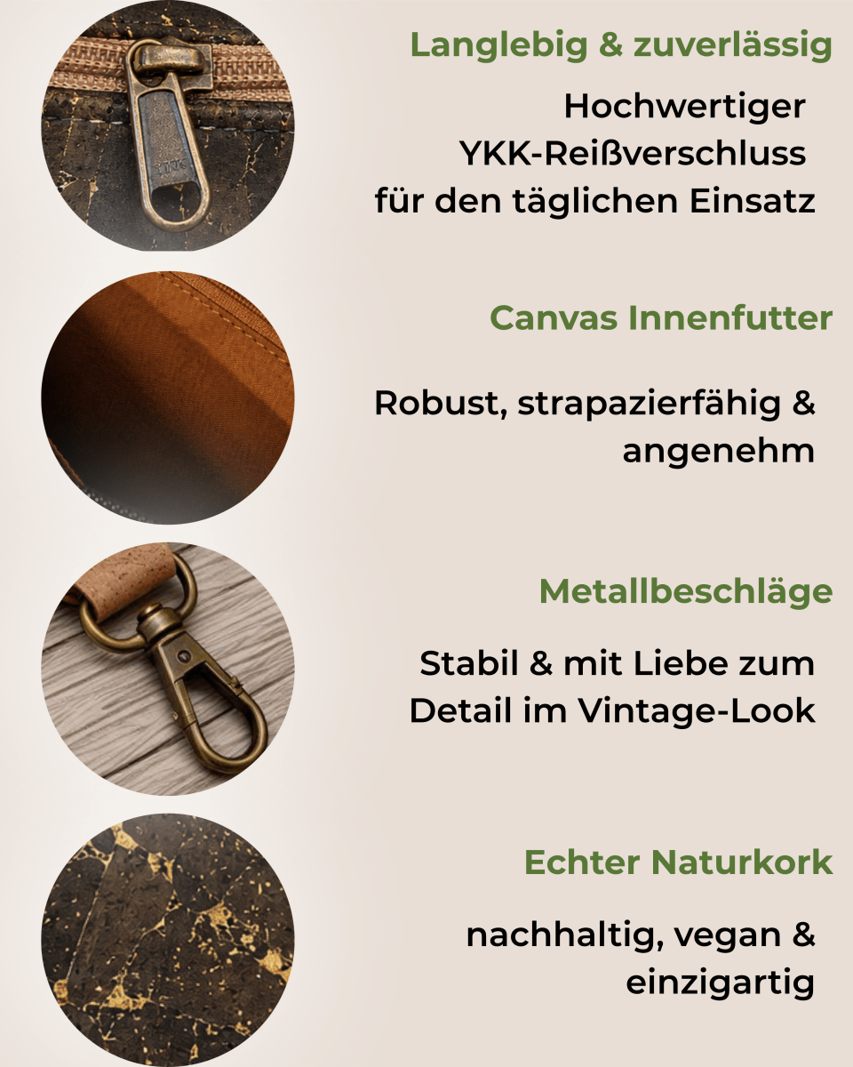 Gürteltasche aus Kork – Olive-Gold - wood stud - Holzohrringe - Holzschmuck und mehr