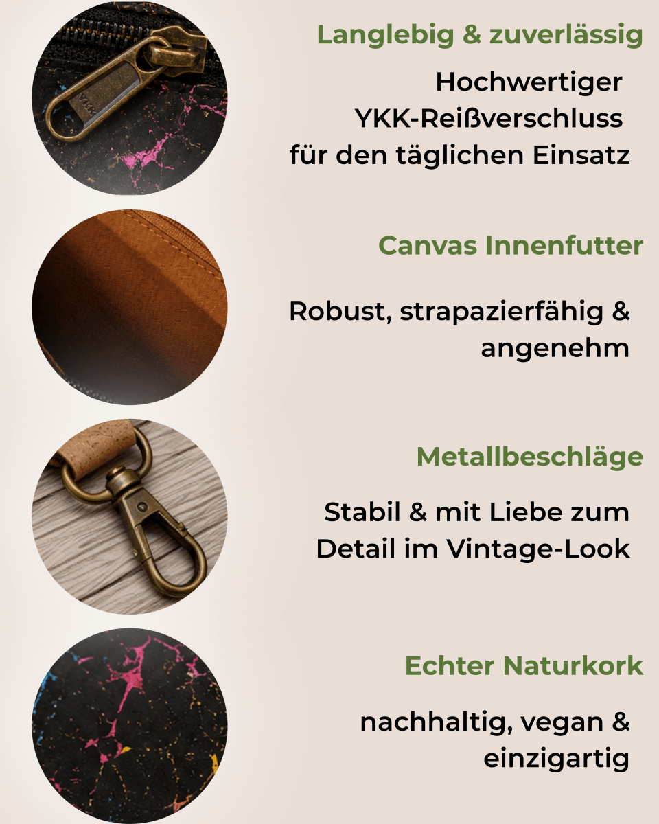 Gürteltasche aus Kork – Schwarz - Bunt - wood stud - Holzohrringe - Holzschmuck und mehr