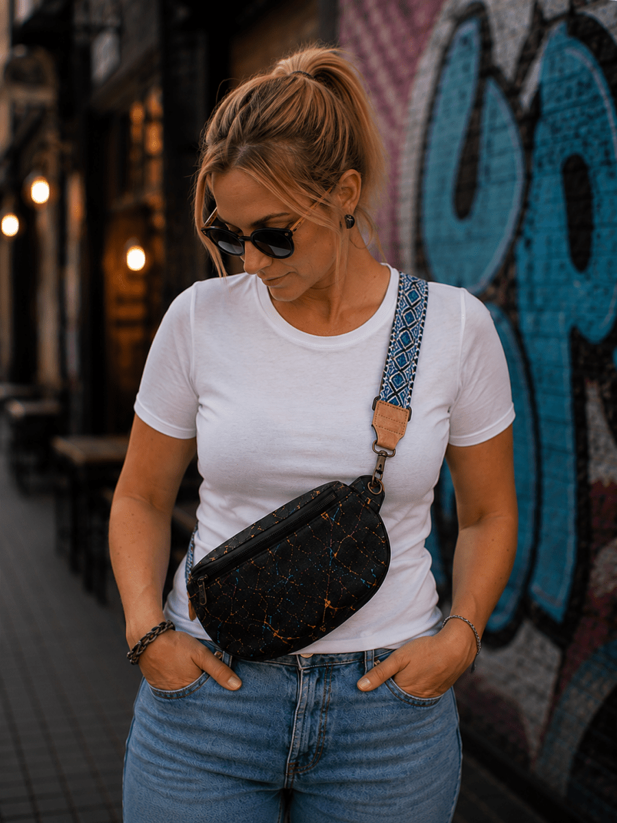 Gürteltasche aus Kork – Schwarz - Bunt - wood stud - Holzohrringe - Holzschmuck und mehr