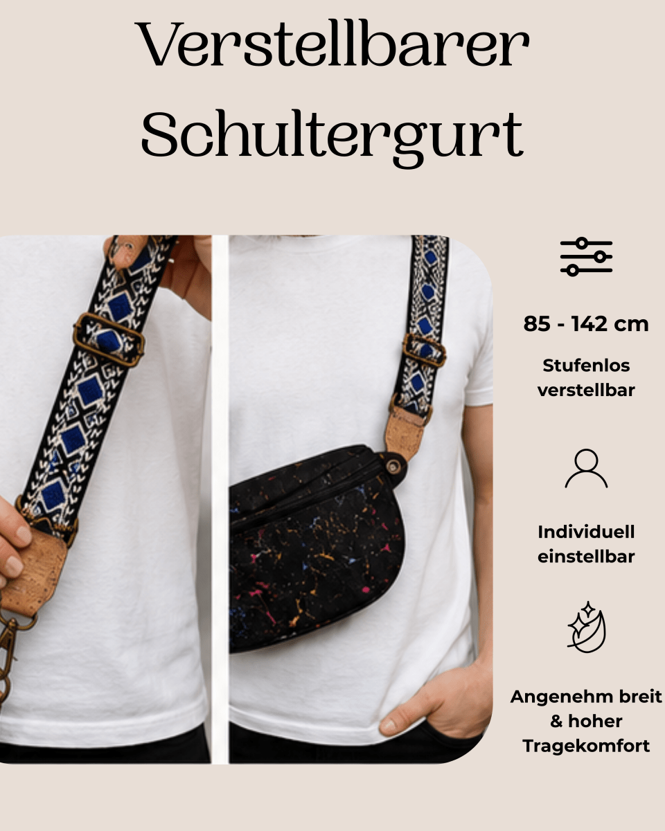 Gürteltasche aus Kork – Schwarz - Bunt - wood stud - Holzohrringe - Holzschmuck und mehr