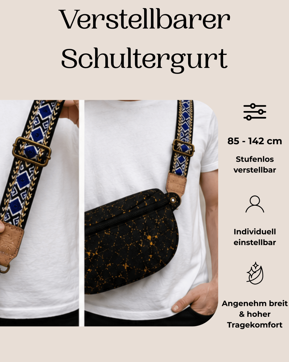 Gürteltasche aus Kork – Schwarz-Gold - wood stud - Holzohrringe - Holzschmuck und mehr