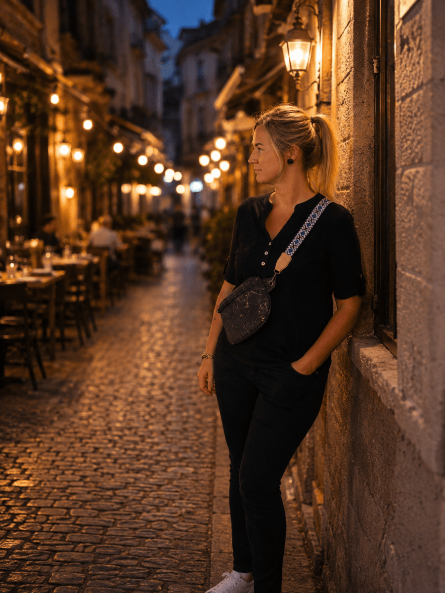 Gürteltasche aus Kork – Schwarz-Gold - wood stud - Holzohrringe - Holzschmuck und mehr