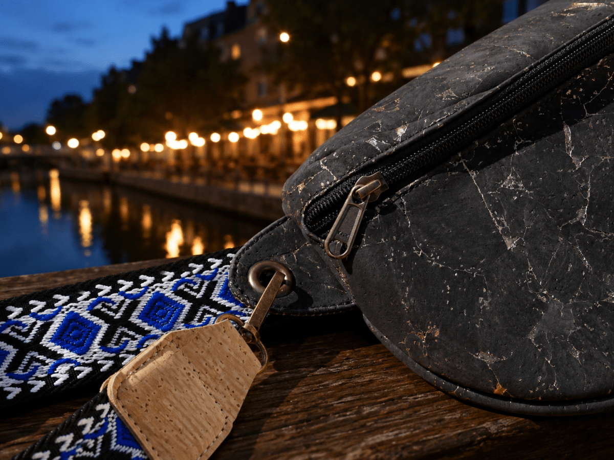 Gürteltasche aus Kork – Schwarz-Gold - wood stud - Holzohrringe - Holzschmuck und mehr