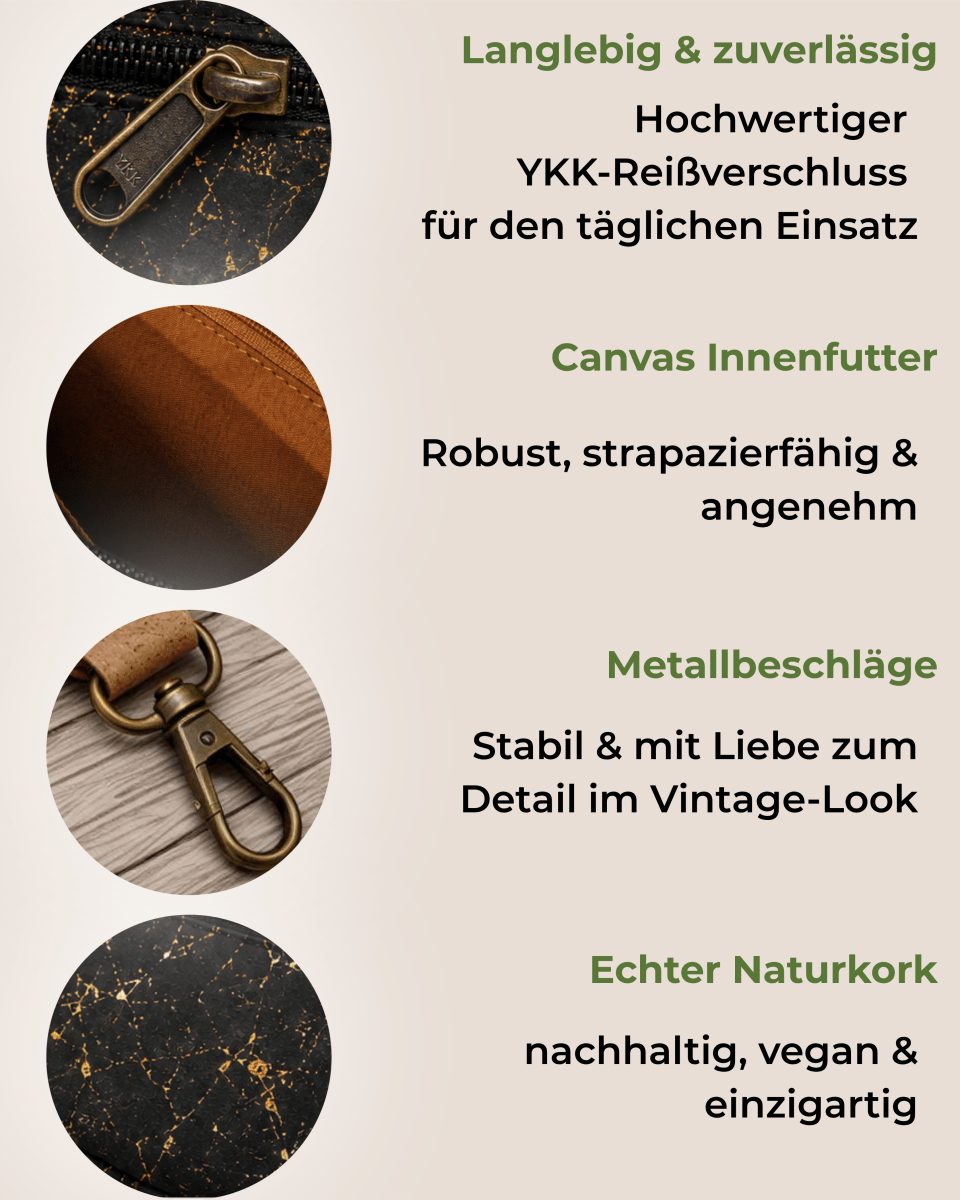 Gürteltasche aus Kork – Schwarz-Gold - wood stud - Holzohrringe - Holzschmuck und mehr