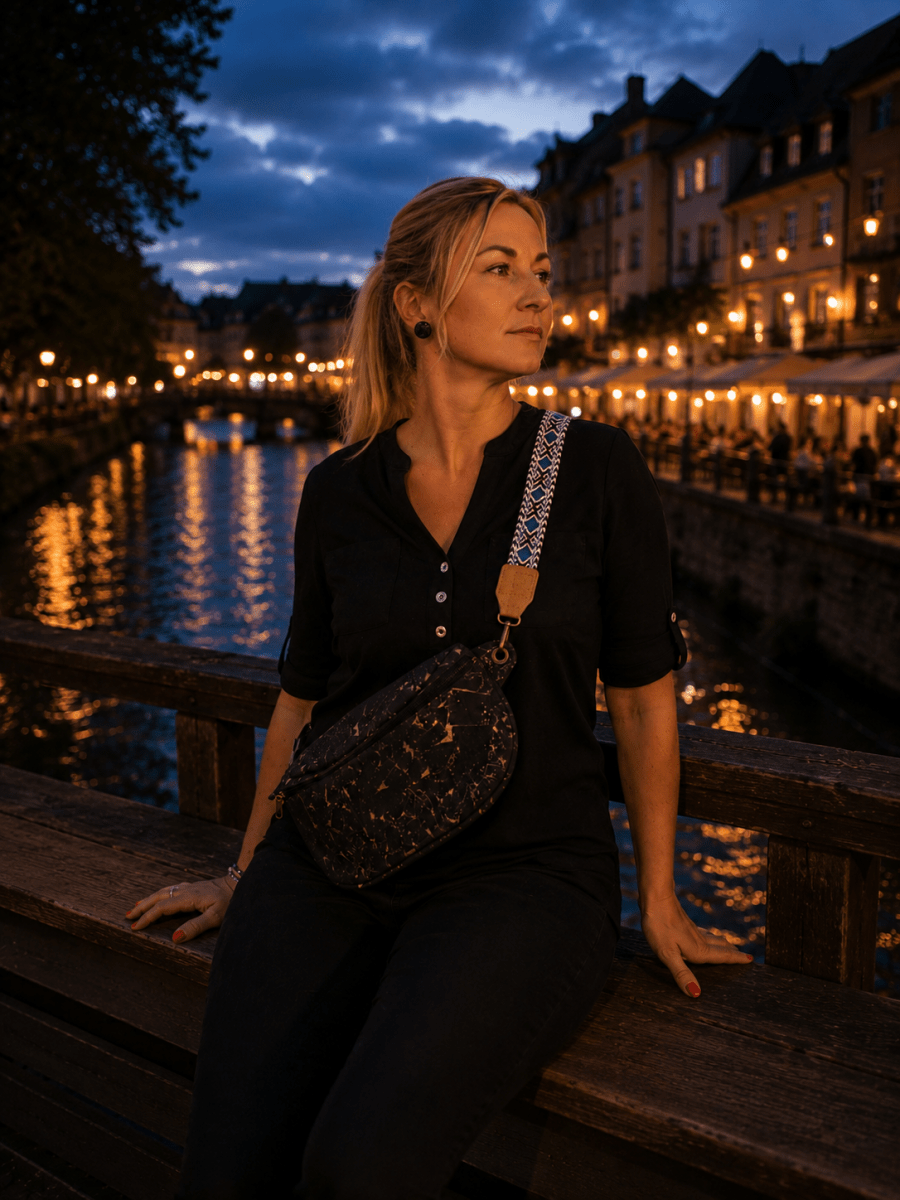 Gürteltasche aus Kork – Schwarz-Gold - wood stud - Holzohrringe - Holzschmuck und mehr