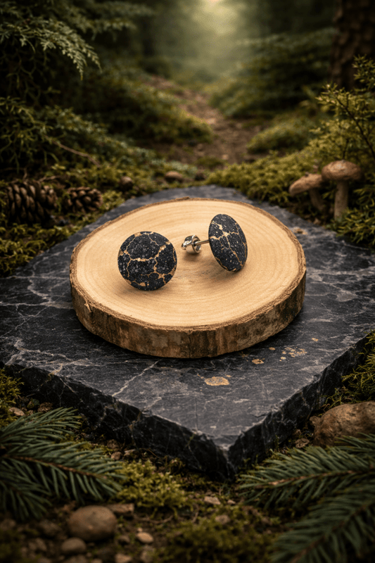 Korkohrstecker Nacht - Anthrazit mit goldenen Akzenten - wood stud - Holzohrringe - Holzschmuck und mehr