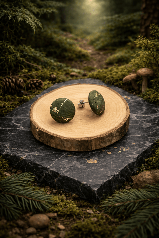Korkohrstecker Olive mit goldenen Akzenten - wood stud - Holzohrringe - Holzschmuck und mehr