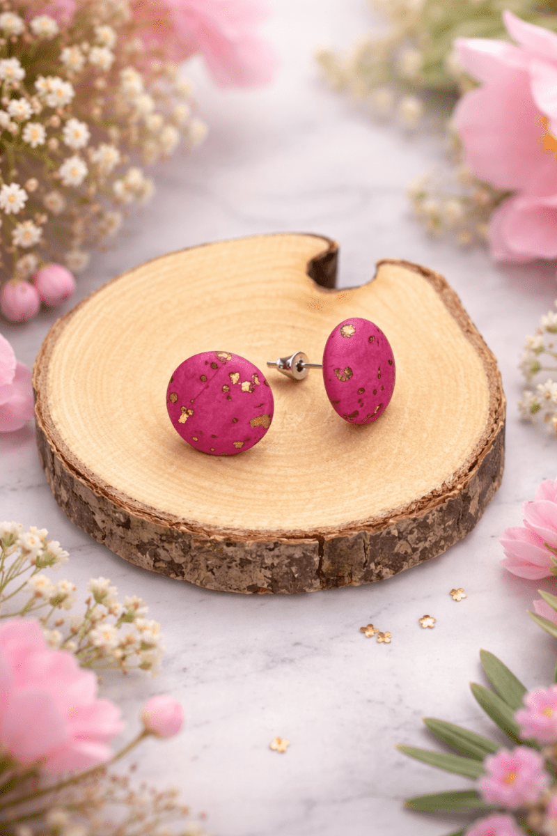 Korkohrstecker Pink - Gold - wood stud - Holzohrringe - Holzschmuck und mehr