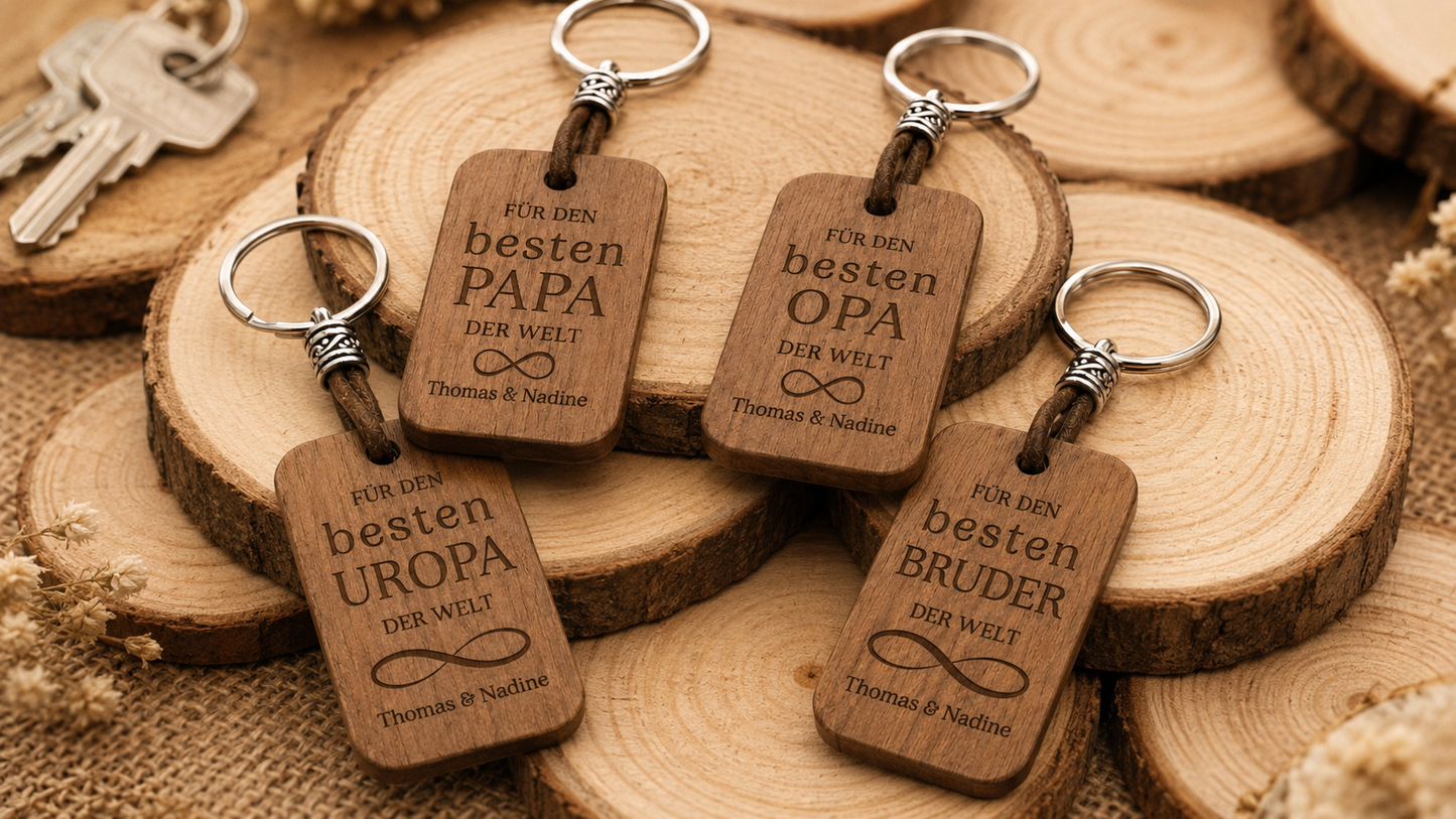 Personalisierter Holz-Schlüsselanhänger für den besten Papa der Welt mit Namensgravur
Holz-Schlüsselanhänger mit Gravur für den besten Opa der Welt
Personalisierter Schlüsselanhänger aus Holz für Papa Opa Uropa oder Bruder