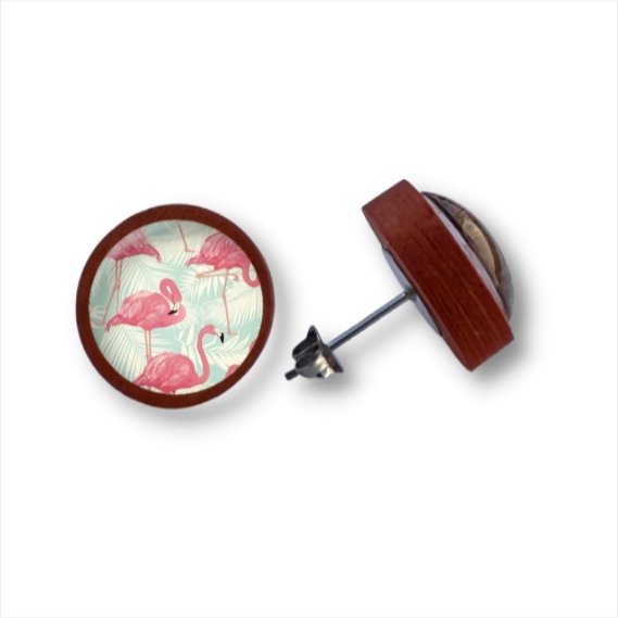 Flamingo - mit Muster - Holzohrstecker mit Motiv - wood stud - Holzohrringe - Holzschmuck und mehr